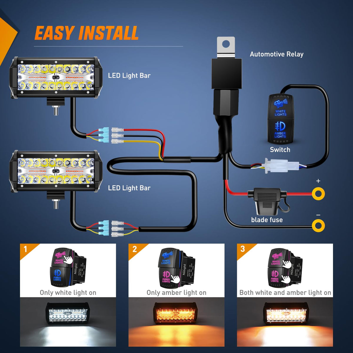 Nilight - Barra de luz LED todoterreno de 6.5 pulgadas, 2 unidades de 120 W, 3 modos de iluminación (blanco/ámbar/blanco y ámbar), luces de inundación con arnés de cableado de 18 AWG, para camión