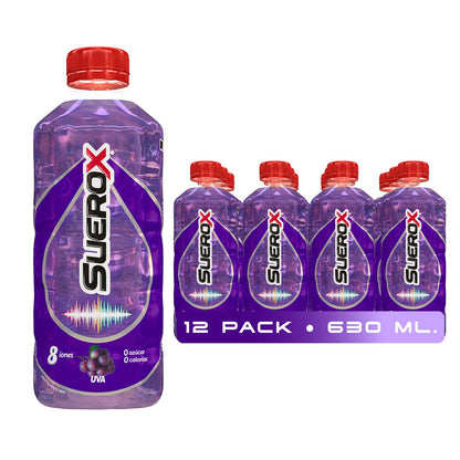 Suerox Uva Bebida Hidratante con 8 Iones Esenciales y Electrolitos Sin Azúcar, Suero Oral Funcional con Magnesio y Potasio para Hidratación Diaria | 630 ml | 12-Pack