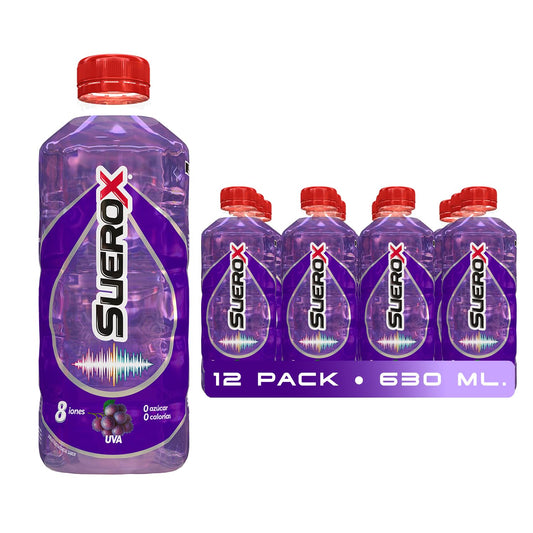 Suerox Uva Bebida Hidratante con 8 Iones Esenciales y Electrolitos Sin Azúcar, Suero Oral Funcional con Magnesio y Potasio para Hidratación Diaria | 630 ml | 12-Pack