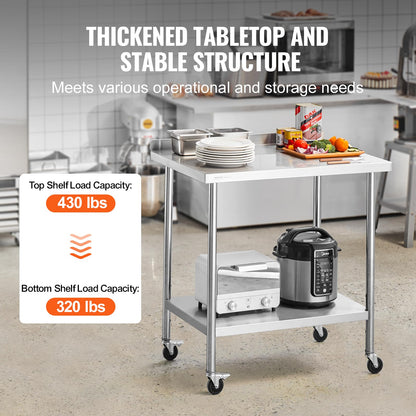 VEVOR Mesa de Trabajo de Acero Inoxidable 91,4x61x100,6 cm Mesa de Preparación de Alimentos con Ruedas Estantes Regulables en Altura Unidad de Almacenamiento de Alimentos para Restaurante Bar Hotel