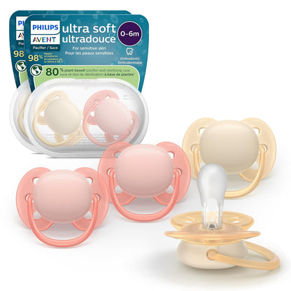 Philips Avent - Chupones ultra suaves, diseño ortodóntico, para bebés de 0 a 6 meses, escudo flexible, pezón simétrico de silicona, sin BPA, 2 fundas esterilizadoras, paquete de 4, SCF091/47