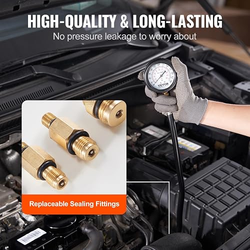 VEVOR Kit adaptador de probador de compresión, 9 piezas de prueba de compresión de fugas de cilindro de motor automotriz, medidor de presión preciso de doble escala 0-300 psi, con mangueras de largo