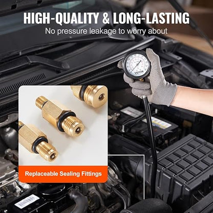 VEVOR Kit adaptador de probador de compresión, 9 piezas de prueba de compresión de fugas de cilindro de motor automotriz, medidor de presión preciso de doble escala 0-300 psi, con mangueras de largo