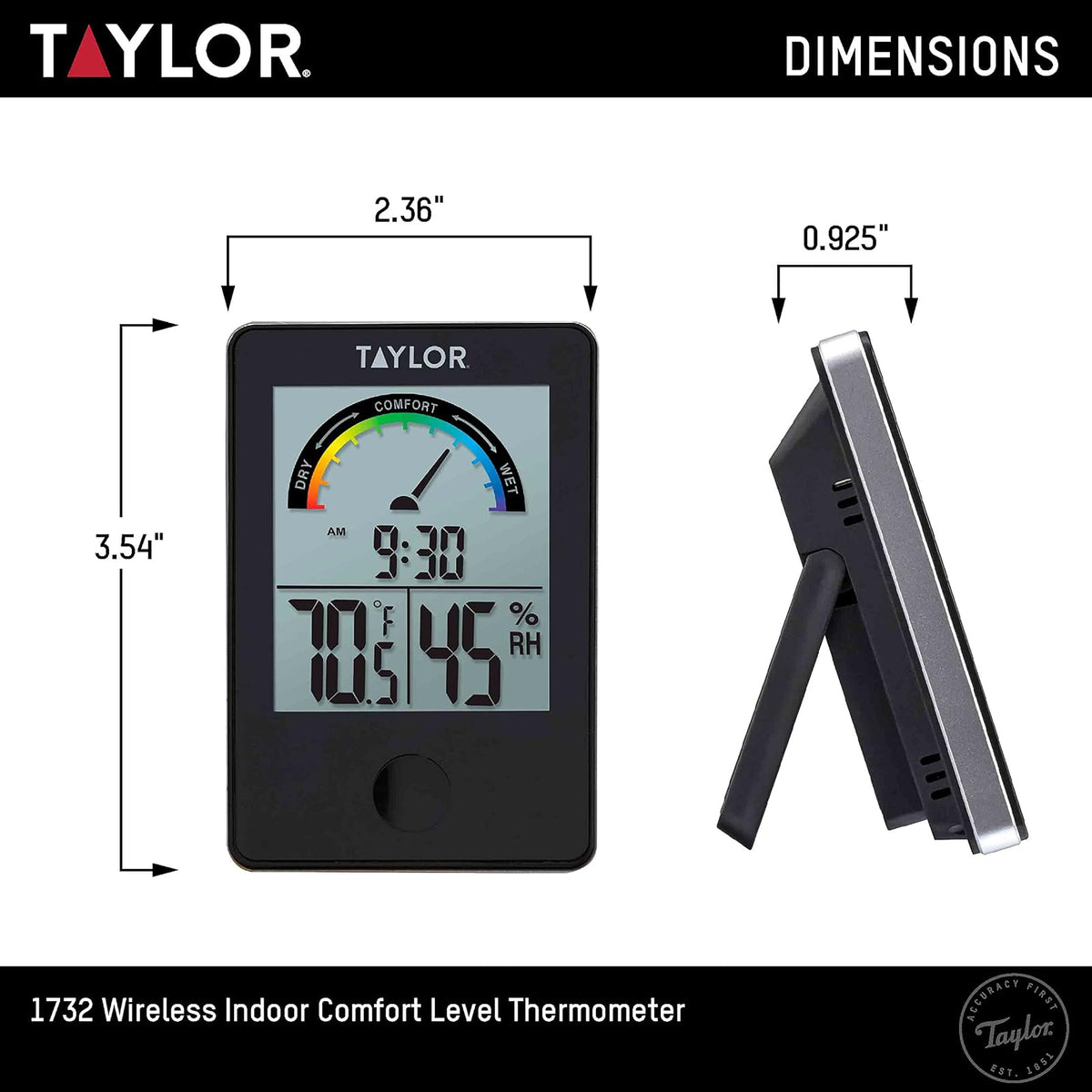 Taylor Precision Products 1732 Taylor Digital Indoor Comfort Level Thermometer and Hygrometer, Black