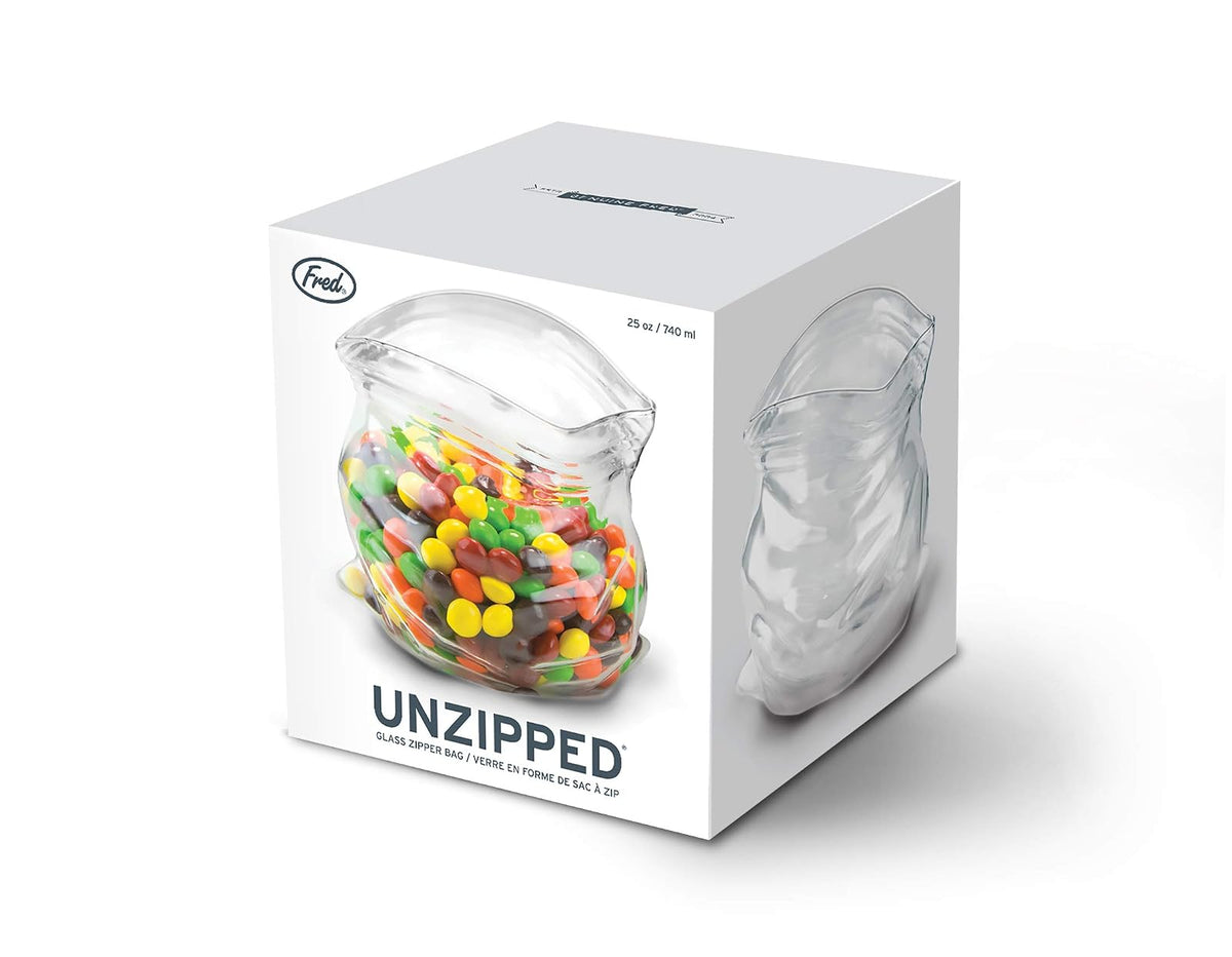 Fred Friends Tazón de vidrio soplado a mano en forma de bolsa sin cerrar (Unzipped)