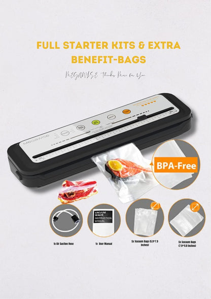 MEGAWISE Selladora al vacío para alimentos secos, húmedos y marinados | 80 kPa, Thin/Medium/Thick, VAC PULSE/STOP, 10 bolsas, cortador integrado, manguera para recipientes, color plateado