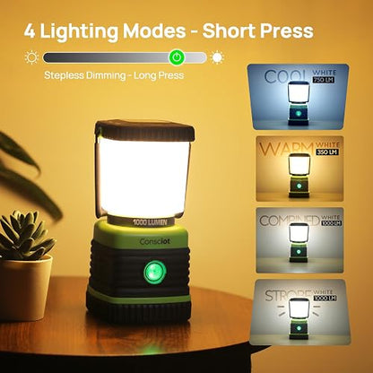Consciot Linterna LED Camping 1000 Lm IPX4 | Paquete de 2, 4 modos de luz, pilas D-cell, impermeable
