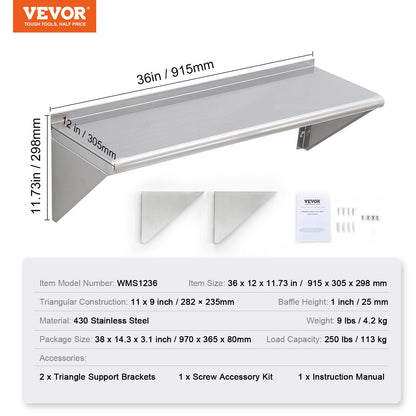 VEVOR Estante de Pared de Acero Inoxidable 915x305x63 mm Estante Flotante con Soporte Triangular Carga Máxima de 113 kg Estantería de Pared para Libros Portarretratos Plantas Oficina Baño Cocina