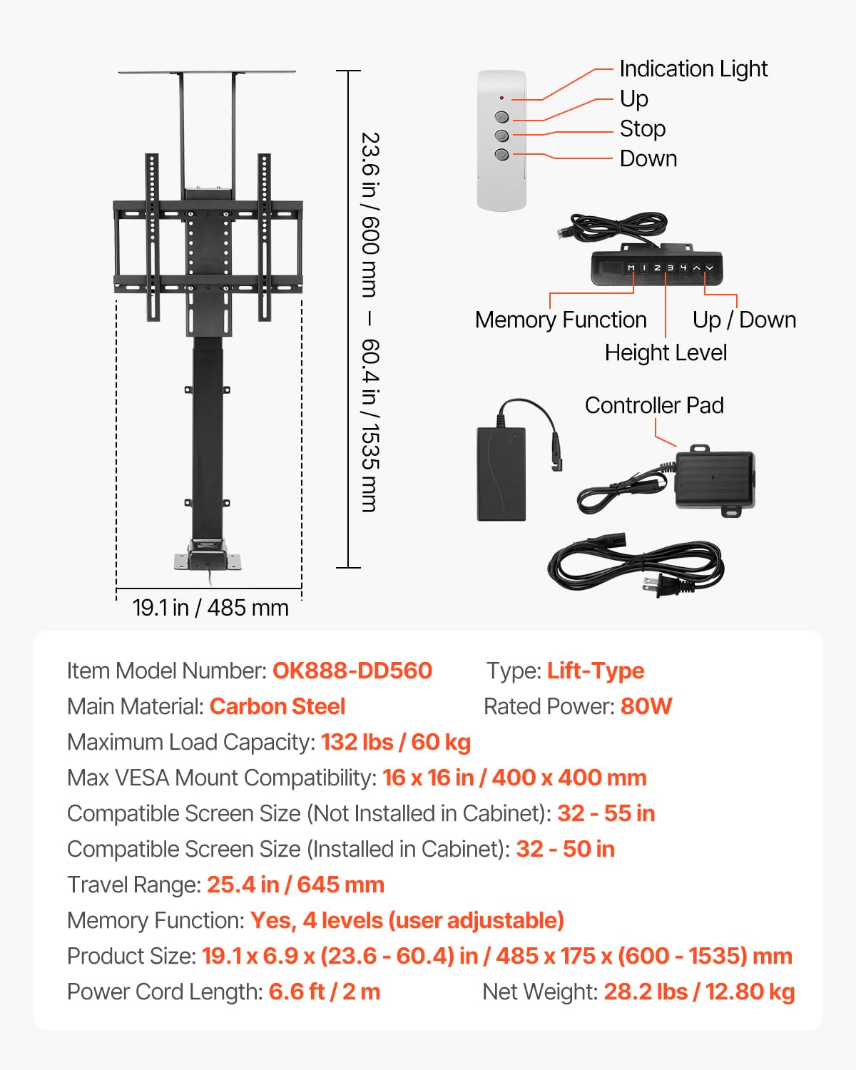 VEVOR Soporte de TV Motorizado, con Carga Máxima de 60 kg, Soporte de TV Eléctrico Vertical con Control Remoto, para Televisores de 32 a 55/32 a 50 Pulgadas, 485 x 175 x (600-1535) mm