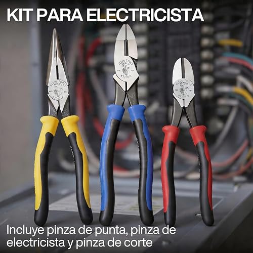 KLEIN TOOLS KTM0005 | Kit De Pinzas | 3 Piezas | Cortes Precisos | Kit de pinzas electricista con fuerza y control; sus pinzas de corte facilitan trabajos pesados y maniobras precisas.