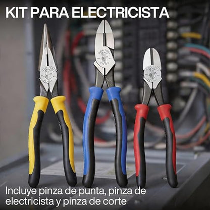 KLEIN TOOLS KTM0005 | Kit De Pinzas | 3 Piezas | Cortes Precisos | Kit de pinzas electricista con fuerza y control; sus pinzas de corte facilitan trabajos pesados y maniobras precisas.