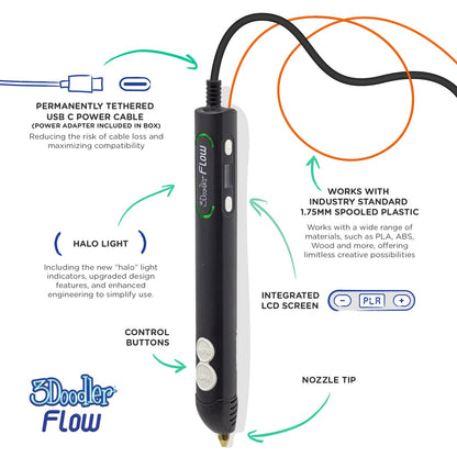 3Doodler Flow - Bolígrafo de impresión 3D para Adolescentes, Adultos y Creadores, Color Negro, con filamentos de Recarga, Libro de Plantillas y guía, 3.1 x 10.8 x 4.5 Pulgadas