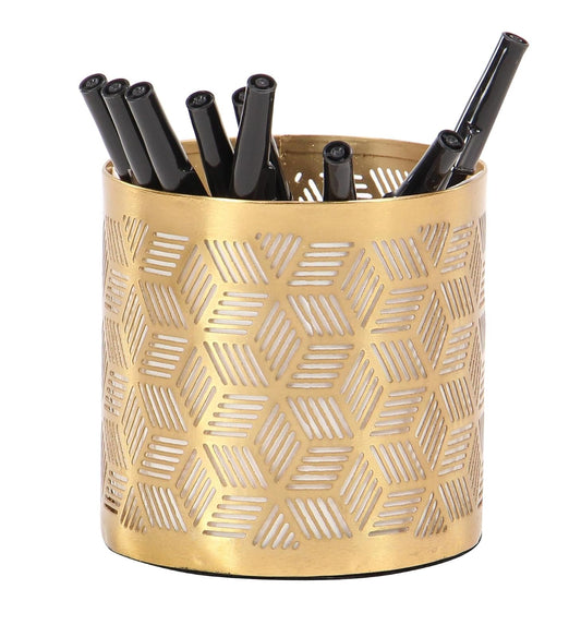 Deco 79 - Vaso geométrico de metal con diseño tallado con láser, 4 x 4 x 4 pulgadas, dorado