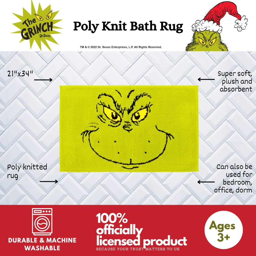 Franco Collectibles Grinch by Dr. Seuss - Alfombra de baño de poliéster Antideslizante para día Festivo y Navidad, 21 x 34 Pulgadas, (Producto con Licencia Oficial)