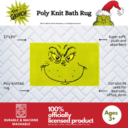 Franco Collectibles Grinch by Dr. Seuss - Alfombra de baño de poliéster Antideslizante para día Festivo y Navidad, 21 x 34 Pulgadas, (Producto con Licencia Oficial)