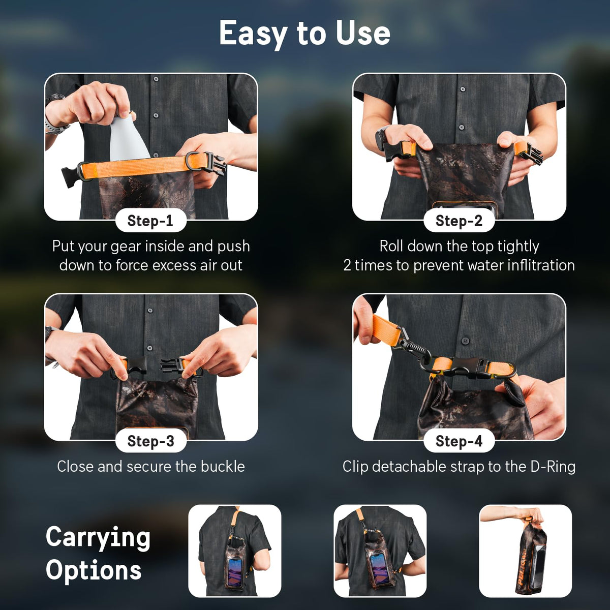 Pelican Marine Bolsa seca impermeable IP68 de 2 L – Mochila enrollable con funda para teléfono/bolsa, Accesorios esenciales para acampar, natación, playa, pesca, rafting, viajes – Hunter Camo