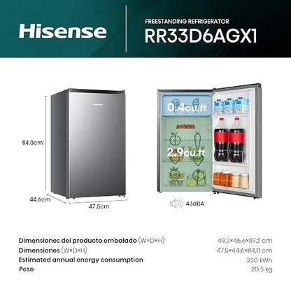 Hisense RR33D6AGX1- Frigobar,3.3 pies cúbicos,Gris | Estantes Para Botellas de 2 Litros, Termostato Ajustable, Congelador Independiente, 48x45x84cm(AnchoxLargoxAlto)