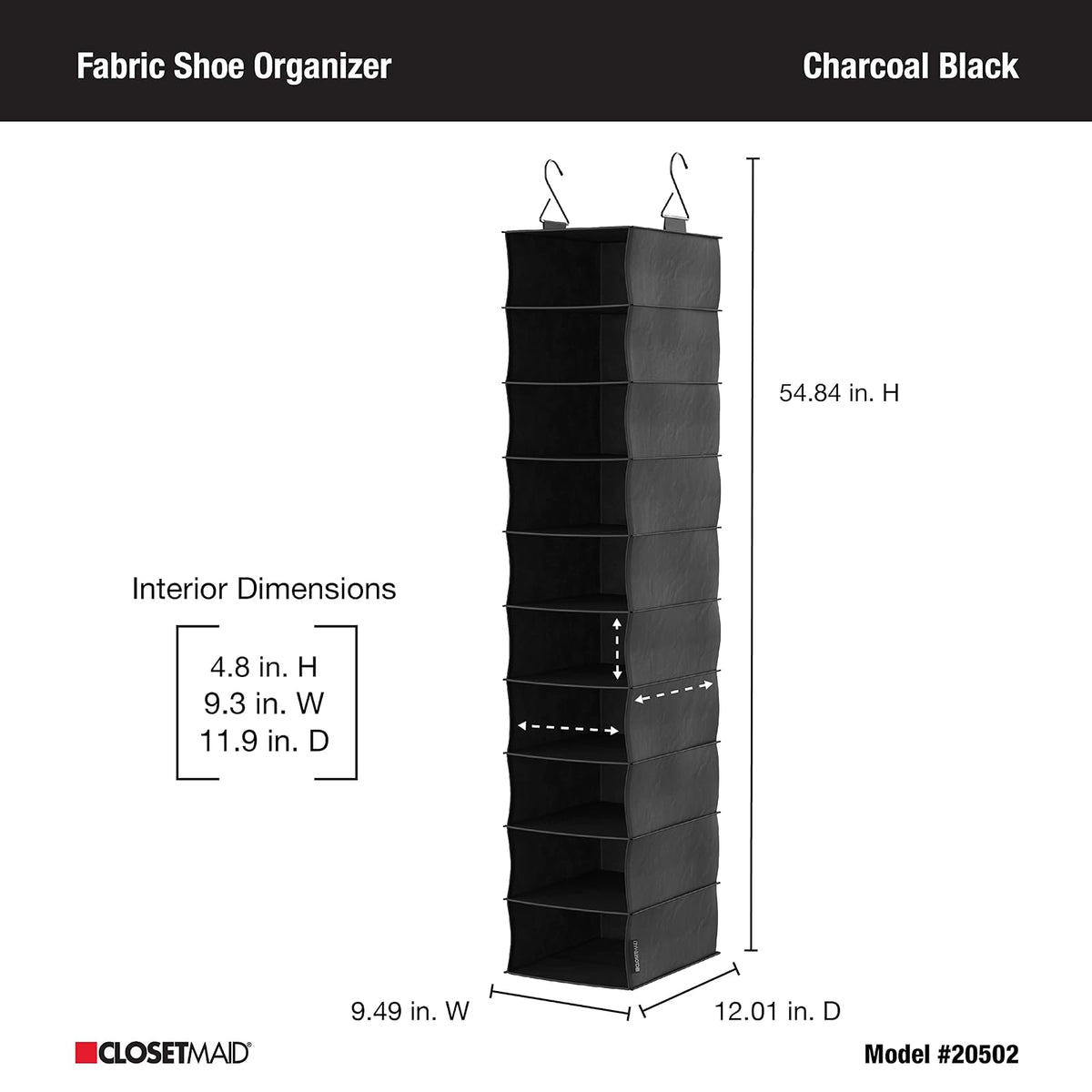 ClosetMaid Organizador de Armario Colgante de Tela de 10 estantes para Zapatos, Sombreros, Bolsos, Ropa con Acabado Negro carbón