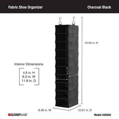 ClosetMaid Organizador de Armario Colgante de Tela de 10 estantes para Zapatos, Sombreros, Bolsos, Ropa con Acabado Negro carbón
