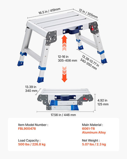 VEVOR Plataforma Plegable de Trabajo, Altura Ajustable de 305 ​​a 406 mm, Capacidad de 226,8 kg, Escalera-Taburete de Aluminio Portátil, Plegable, Antideslizante para Pintura, Mantenimiento y Hogar