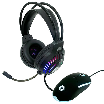 PERFECTCHOICE Kit Audifonos Alámbricos y Mouse Gamer Luz RGB V-930648 Negro Raito VORTRED