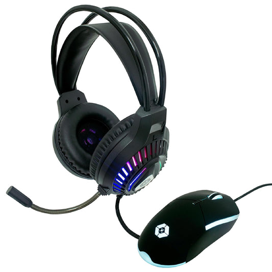 PERFECTCHOICE Kit Audifonos Alámbricos y Mouse Gamer Luz RGB V-930648 Negro Raito VORTRED
