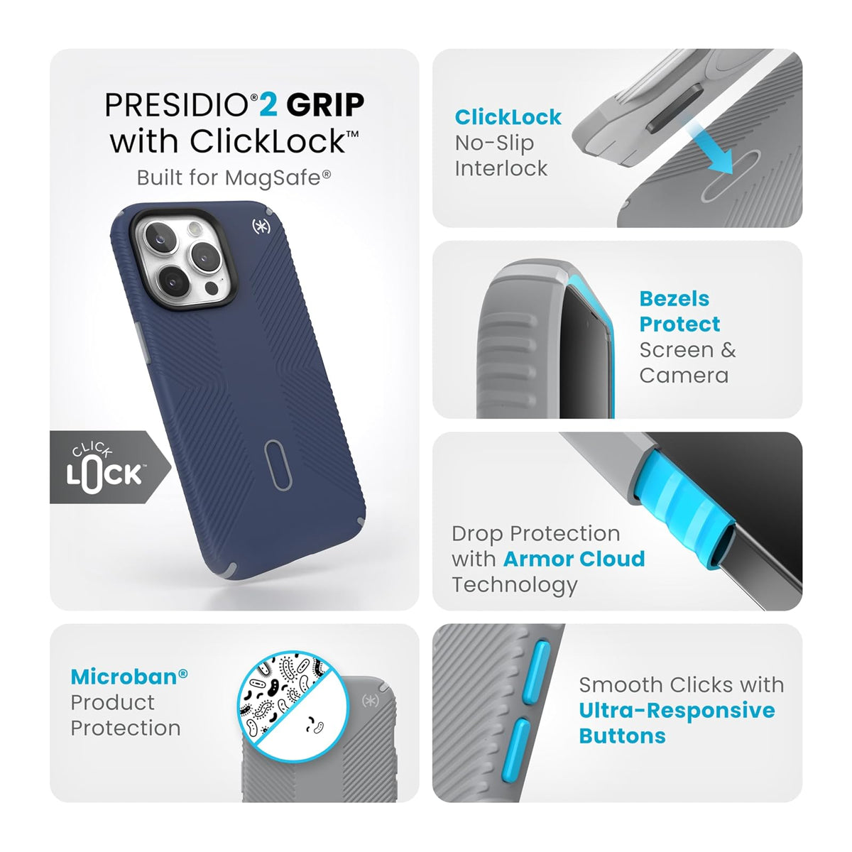 Speck - Funda para iPhone 15 Pro Max - ClickLock - Bloqueo antideslizante, construido para MagSafe, agarre de protección contra caídas, resistente a los arañazos, tacto suave, funda para teléfono de 6.7 pulgadas, agarre Presidio2 azul costero/gris polvo/b