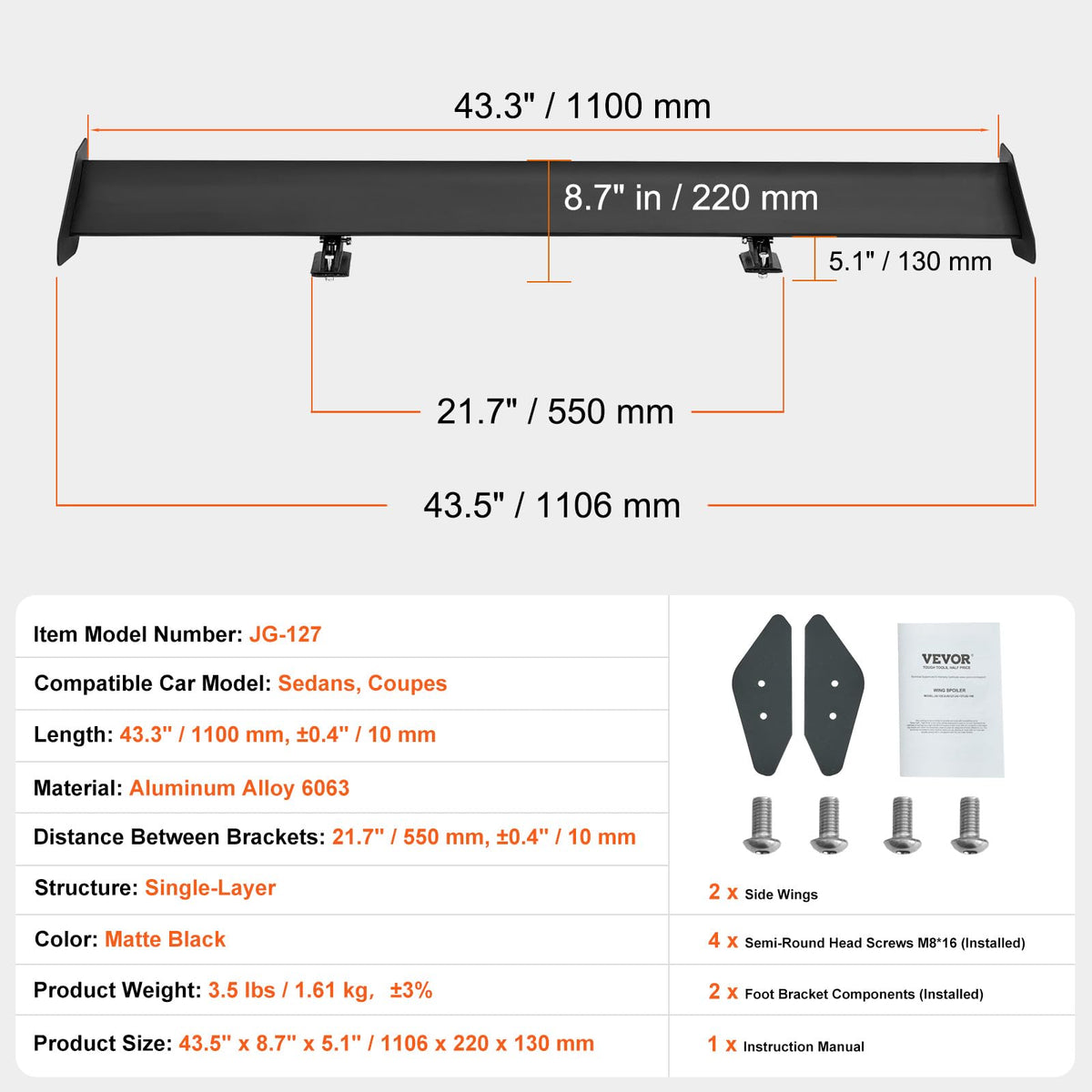 VEVOR Alerón de Automóvil Universal 1106 x 220 x 130 mm, Aluminio Ajustable, Negro Mate