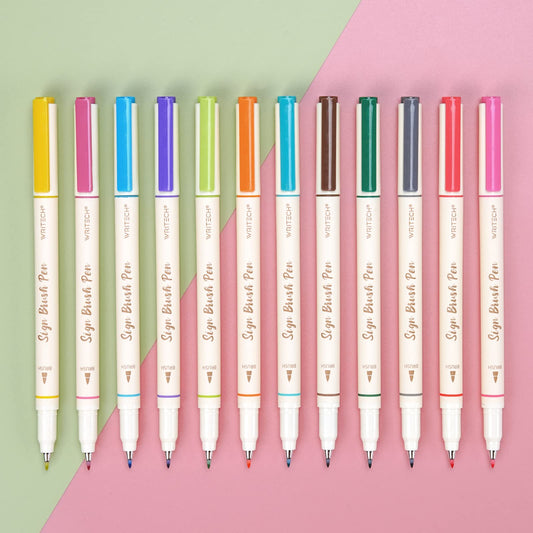 WRITECH Rotuladores de punta de brocha: marcadores de artista, punta flexible, base de agua, 12 unidades, colores surtidos para diario, colorear adultos, letras a mano, caligrafía, dibujo, colores vibrantes