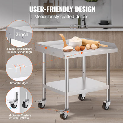 VEVOR Mesa de Trabajo de Acero Inoxidable Mesa de Trabajo Comercial para Preparación de Alimentos con 4 Ruedas Salpicadero de 3 Lados Mesa de Trabajo 610x711x762 mm Mesa de Trabajo para Restaurante