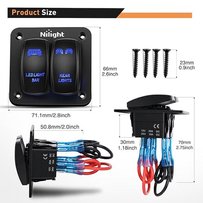 Nilight Conmutador Panel de Interruptores de 2 Bandas de Aluminio 12/24V 5 Pines para Barco/Automóvil/ATV/UTV, Azul, 90104B