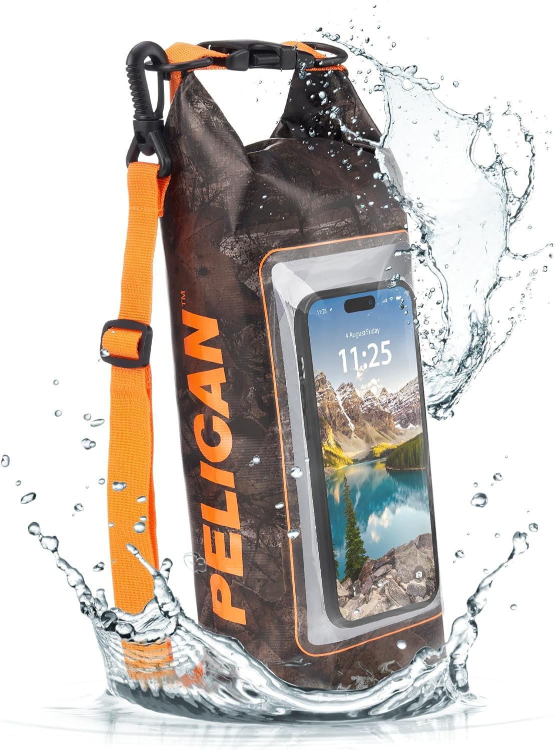 Pelican Marine Bolsa seca impermeable IP68 de 2 L – Mochila enrollable con funda para teléfono/bolsa, Accesorios esenciales para acampar, natación, playa, pesca, rafting, viajes – Hunter Camo