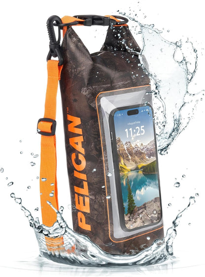 Pelican Marine Bolsa seca impermeable IP68 de 2 L – Mochila enrollable con funda para teléfono/bolsa, Accesorios esenciales para acampar, natación, playa, pesca, rafting, viajes – Hunter Camo