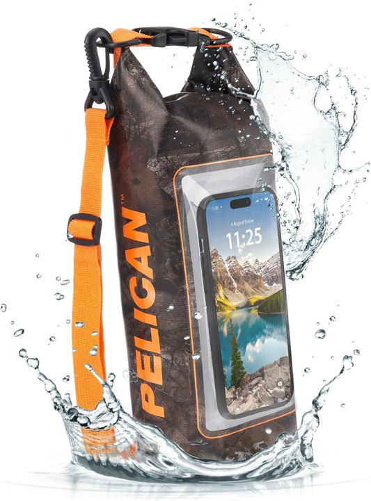 Pelican Marine Bolsa seca impermeable IP68 de 2 L – Mochila enrollable con funda para teléfono/bolsa, Accesorios esenciales para acampar, natación, playa, pesca, rafting, viajes – Hunter Camo