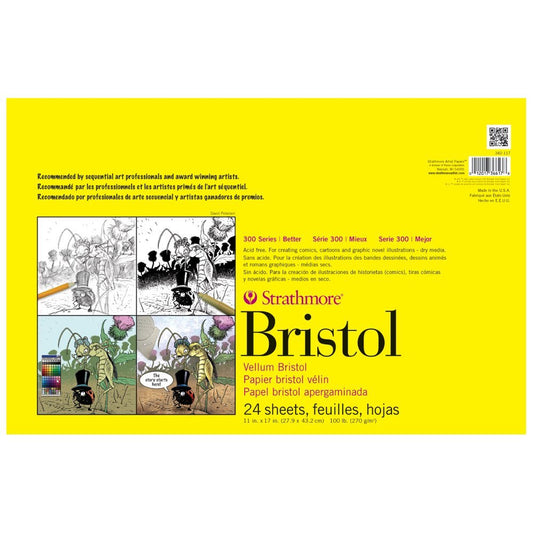 Strathmore Serie 300 Bloc de Papel Bristol, vitelina, Cinta encuadernada, 11 x 17 Pulgadas, 24 Hojas (270 g) - Papel de Artista para Adultos y Estudiantes - Carbón, bolígrafo y Tinta, Marcador y