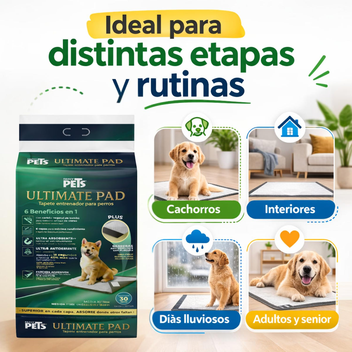 Fancy Pets Tapete Entrenador para Perros Ultimate Pad con Carbón Activado de Bambú Absorción Rápida Bordes Antiderrames Atrayente Integrado y Parches Adhesivos 56 x 50 cm - 30 PZ