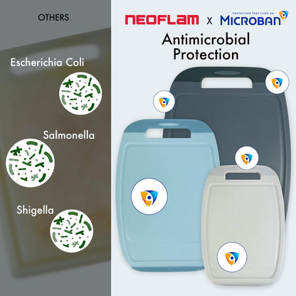 Neoflam Microban Plastic Cutting Board 3 Set for Kitchen, BPA Free, Large Food Chopping Boards, Reversable Use, Large Juice Grooves, Easy Grip Handles, Dishwasher Safe, Chop Meat, Veggies, Blue Gray