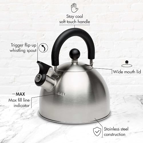 Primula Stewart - Hervidor de té de acero inoxidable de grado alimenticio, agua caliente rápida de hervir, plegable al tacto frío, 1.5 cuartos de galón, cepillado con mango negro