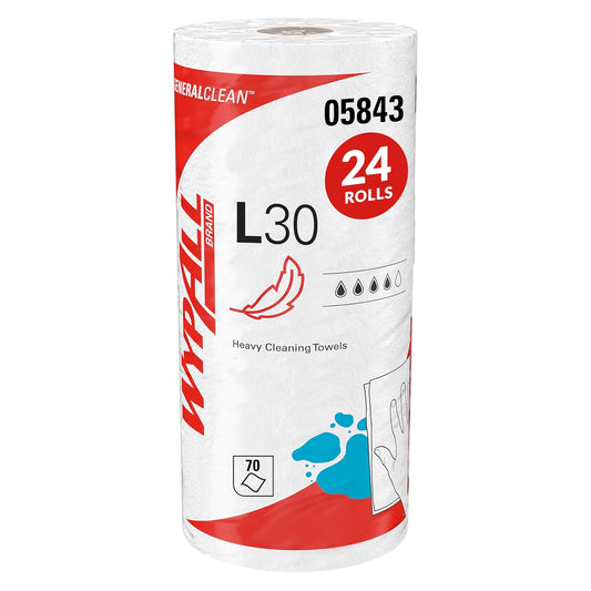 WypAll GeneralClean L30 Toallitas de limpieza resistentes (05843), toallas fuertes y suaves, blancas (70 hojas/rollo, 24 rollos, 1.680 hojas en total)