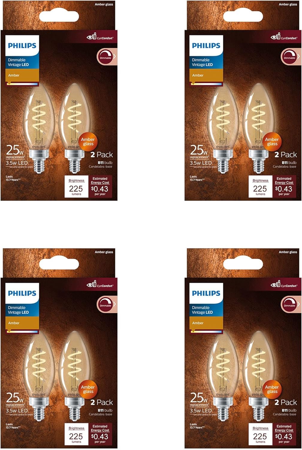 PHILIPS LED 25 W B11 paquete de 8 bombillas clásico Edison en espiral ámbar (2000 K), 225 lúmenes (3.5 W = 25 W) regulables sin parpadeo