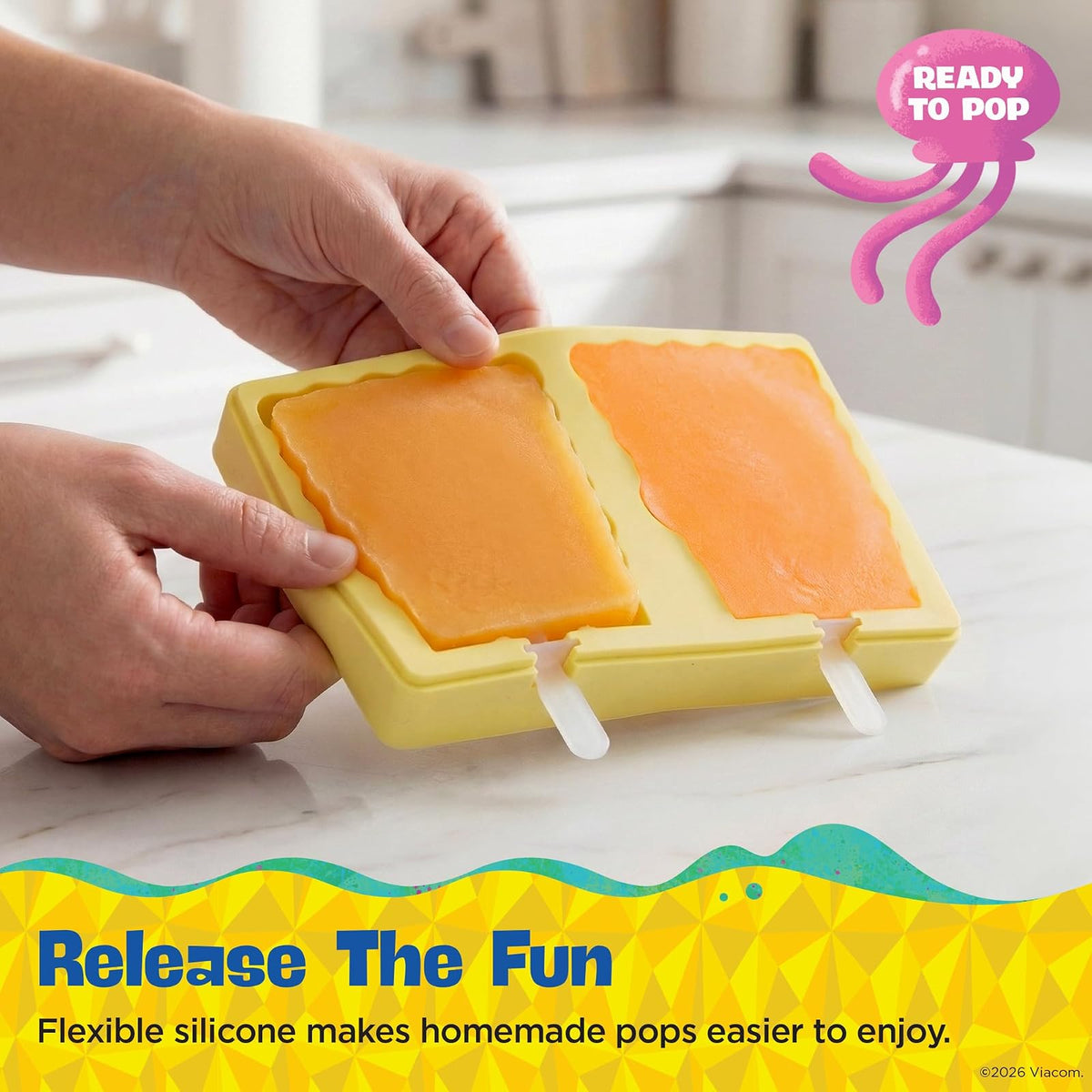 Nickelodeon - Moldes de silicona para paletas con tapa, compacto sin BPA, con Bob Esponja, moldes flexibles para helados y palos, aptos para lavaplatos, juego de 2 moldes para golosinas congeladas