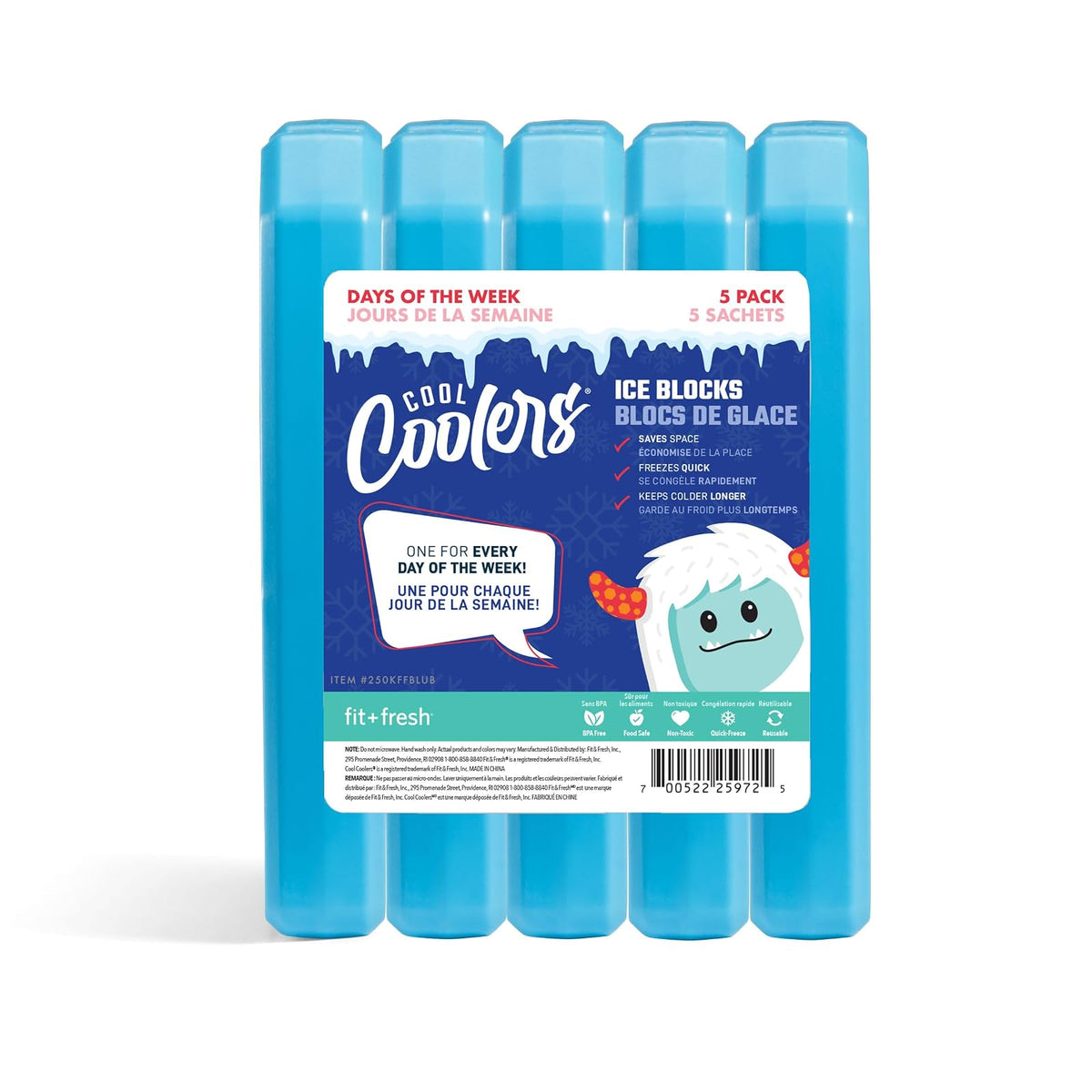 Fit & Fresh Cool Coolers, paquete de 5 bloques de hielo para días de la semana, paquetes de hielo compactos y reutilizables para loncheras y enfriadores, azul