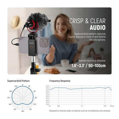NEEWER Enchufar & Usar Vlog Micrófono, 20-20KHz Supercardioide Mini Mic con 3,5mm TRS, Cable USB C OTG, Montaje Antichoque, Parabrisas Compatible con iPhone 16 15 14 Samsung S24 Android Tablet, VM10