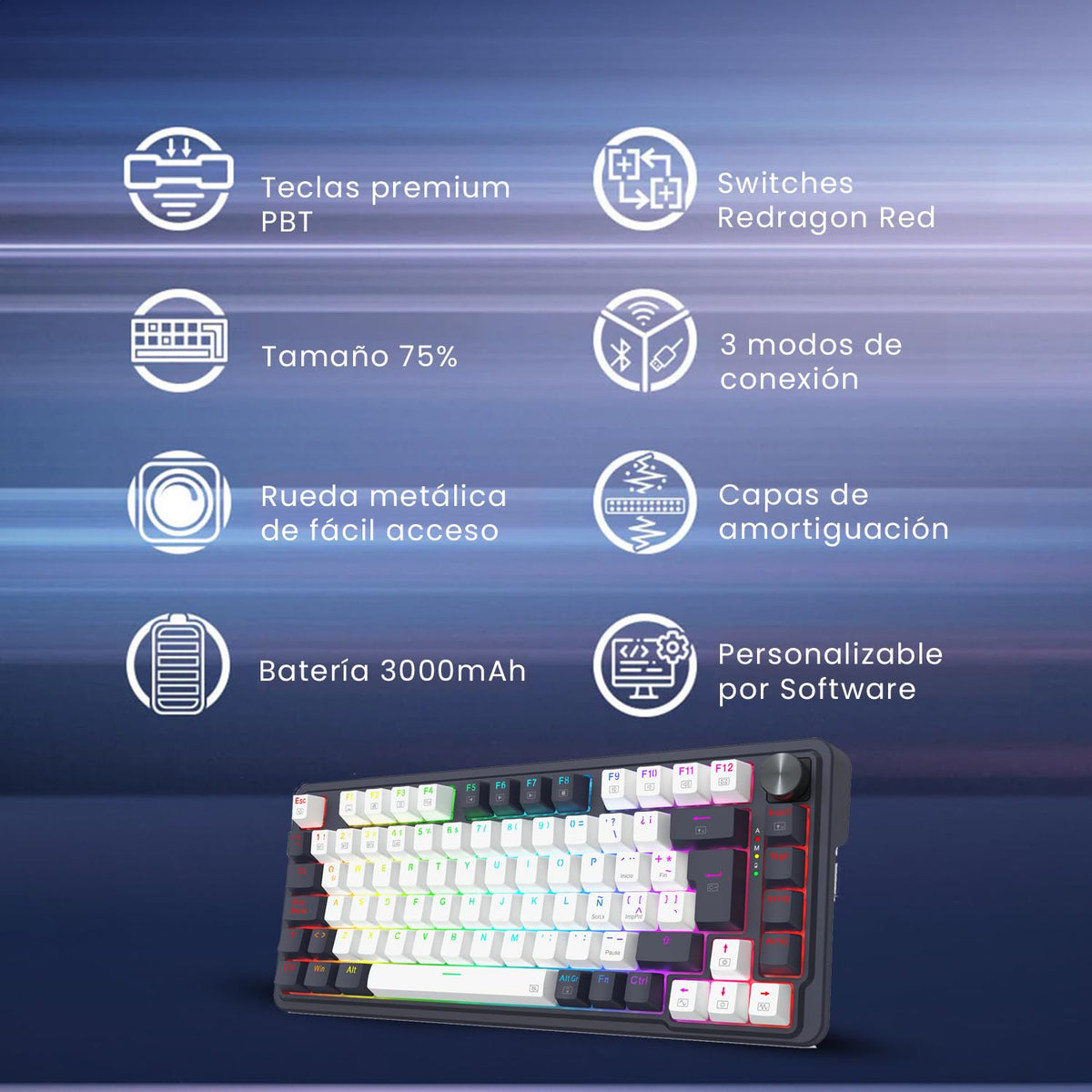 Redragon Teclado Gamer Ucal K673 WB, Triple Conexión, (Español)