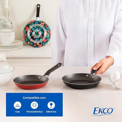 Ekco | Juego de Sartenes con Antiadherente Origenes 3 Piezas de Aluminio | Distribución uniforme del calor, Libre de PFOA, Mangos ergonómicos, Medidas 18, 20 y 24 cm, Cocción rápida