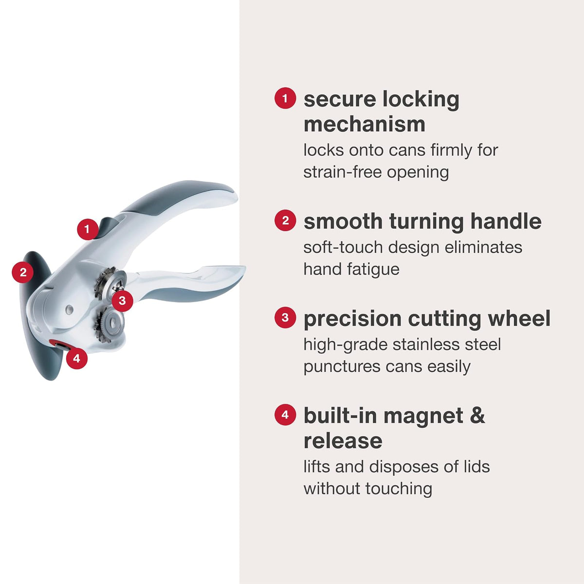 Zyliss Lock N' Lift Can Opener - Manual Can Opener with Locking Mechanism - Safe Magnetic Can Opener - Easy-to-Turn Can Opener - White/Gray