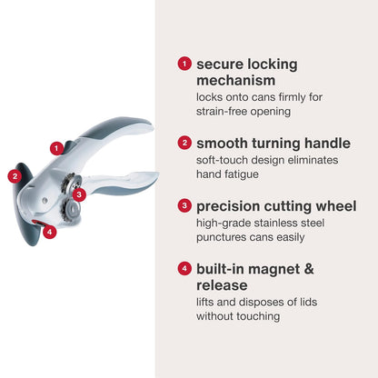 Zyliss Lock N' Lift Can Opener - Manual Can Opener with Locking Mechanism - Safe Magnetic Can Opener - Easy-to-Turn Can Opener - White/Gray