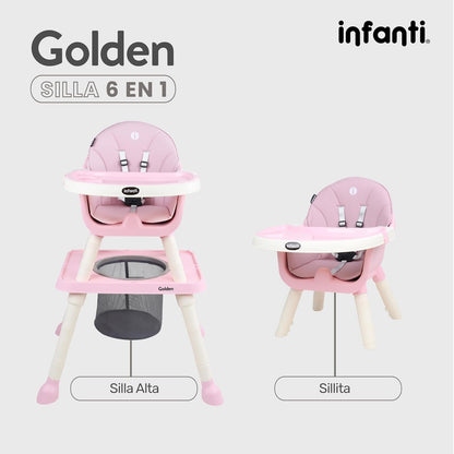 INFANTI | Silla Alta GOLDEN 6 en 1 | Bandeja Desmontable | Mesa Interactiva | Canasta para Accesorios | 6-36 Meses o Hasta 15 kg | Color Rosa