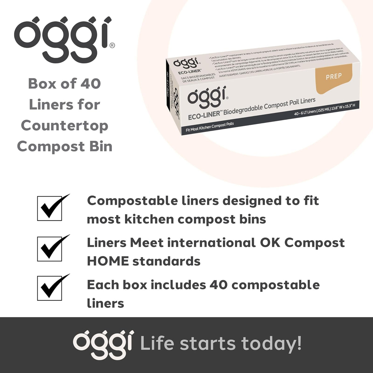 OGGI Eco-Liner - Bolsas compostables - Caja de 40 forros para encimera de compostaje con tapa, bolsas compostables de 6 litros, productos ecológicos, bolsas que cumplen con las normas internacionales OK Compost Home