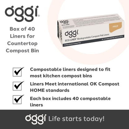 OGGI Eco-Liner - Bolsas compostables - Caja de 40 forros para encimera de compostaje con tapa, bolsas compostables de 6 litros, productos ecológicos, bolsas que cumplen con las normas internacionales OK Compost Home
